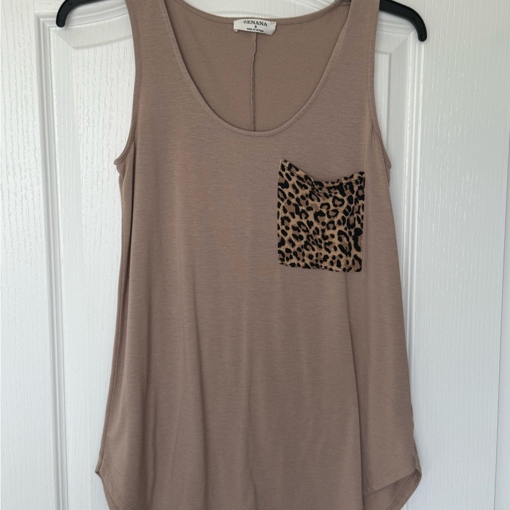 Zenana Outfitters Beige Tank Top with Animal Print Pocket